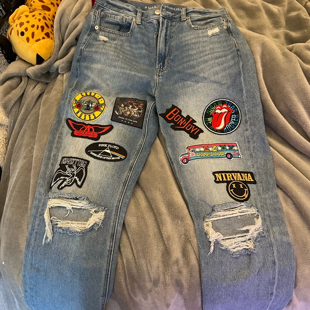 American Eagle, mom jeans, size 6 long with 80’s metal band patches.